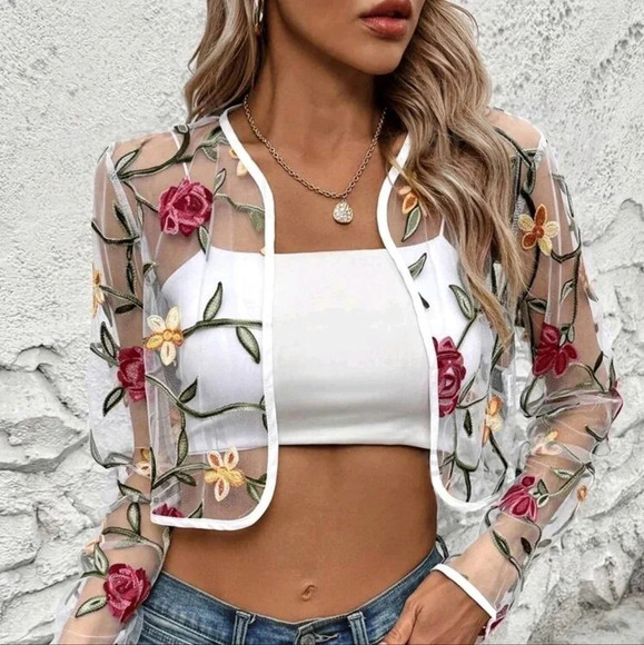 Sheer Mesh Floral Embroidery See Through Front Open Short Jacket With Long Sleev - Picture 1 of 6